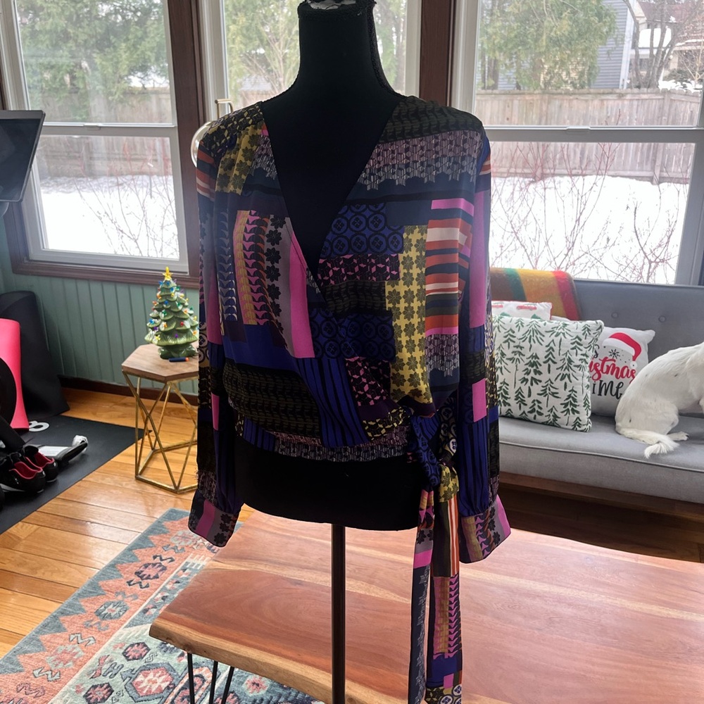 Vibrant Patchwork Pattern Wrap Blouse - image 1